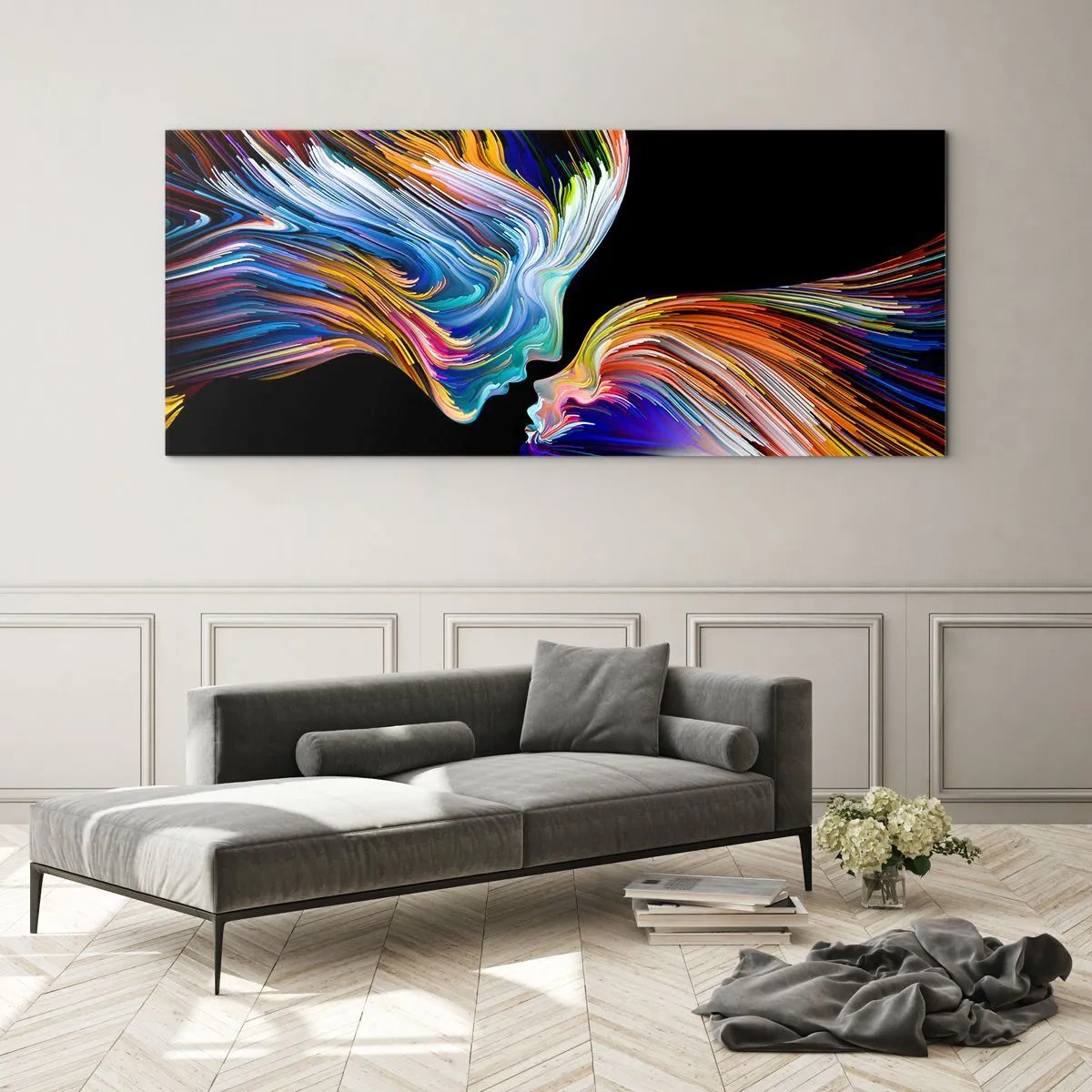 Glasbild - Bild auf glas - Bunte Silhouetten von Gesichtern in dynamischen Strömen auf schwarzem Hintergrund - 120x50cm - Eine Verschmelzung von Energie und Licht - Moderne Wanddekoration für Wohnzimmer und Schlafzimmer ARTTOR
