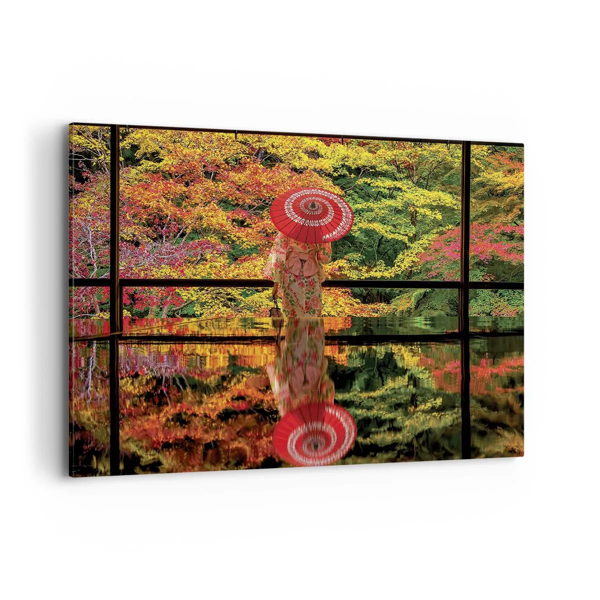 Bild auf Leinwand - Leinwandbild - Eine Frau im Kimono mit Regenschirm vor dem Hintergrund einer Herbstlandschaft. - 100x70cm - Im Tempel der Natur - Moderne Wanddekoration für Wohnzimmer und Schlafzimmer ARTTOR