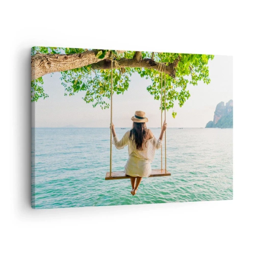 Bild auf Leinwand - Leinwandbild - Frau auf einer Schaukel am Meer in einer tropischen Landschaft - 70x50cm - Das Leben ist wunderschön - Moderne Wanddekoration für Wohnzimmer und Schlafzimmer ARTTOR