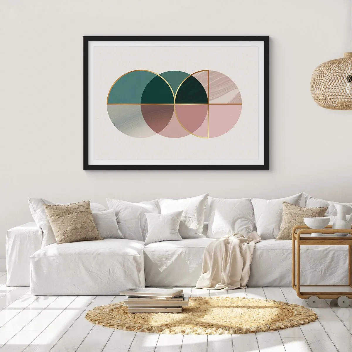 Poster in einem schwarzem Rahmen - Eine abstrakte Komposition aus geometrischen Formen und goldenen Linien. - 70x50cm - Ein Rad hinter dem anderen… - Moderne Wanddekoration für Wohnzimmer und Schlafzimmer ARTTOR