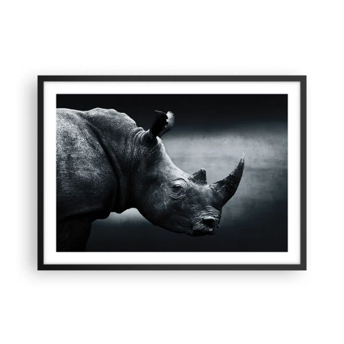 Poster in einem schwarzem Rahmen - Schwarz-Weiß-Porträt eines Nashorns vor dunklem Hintergrund - 70x50cm - Richtiges Profil - Moderne Wanddekoration für Wohnzimmer und Schlafzimmer ARTTOR