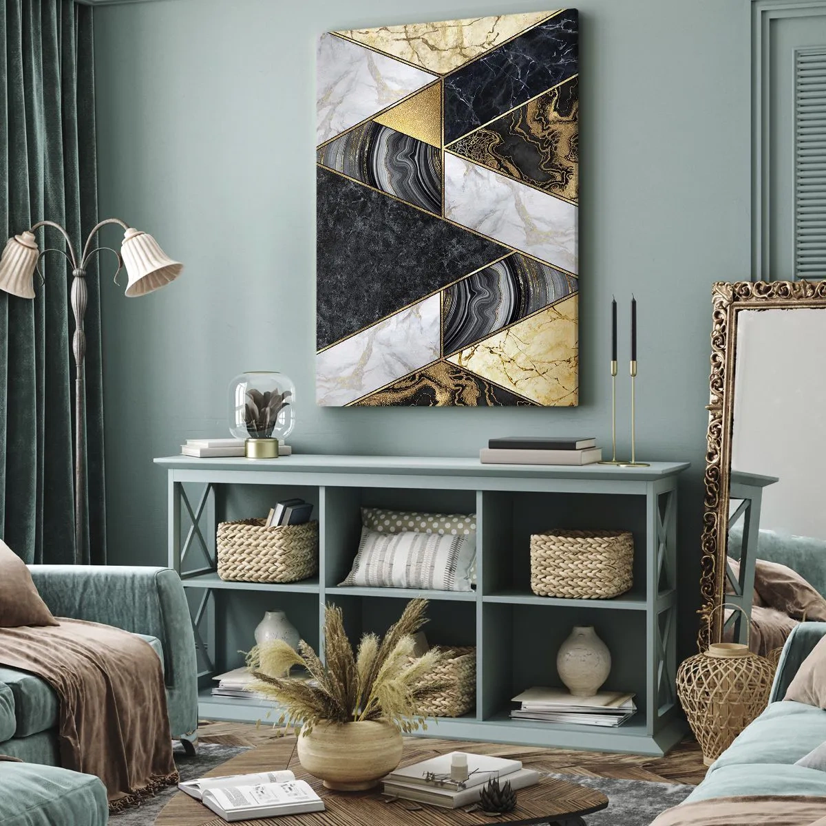 Bild auf Leinwand - Leinwandbild - Geometrische Dreiecke in Gold, Marmor und dunklen Farbtönen - 80x120cm - Stein um Stein - Moderne Wanddekoration für Wohnzimmer und Schlafzimmer ARTTOR