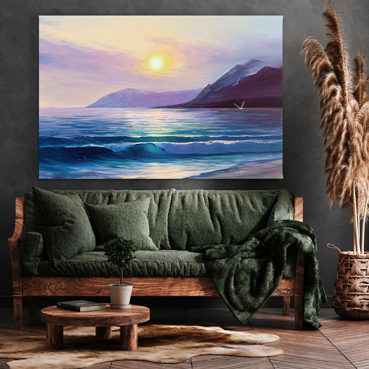 Bild auf Leinwand - Leinwandbild - Eine malerische Meereslandschaft bei Sonnenuntergang mit Wellen und Bergen - 120x80cm - Wasser- und Luftkristall - Moderne Wanddekoration für Wohnzimmer und Schlafzimmer ARTTOR