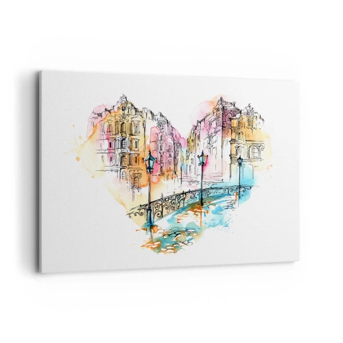 Bild auf Leinwand - Leinwandbild - Aquarell einer Brücke und herzförmigen Mietshäusern - 120x80cm - Das Herz der Stadt - Moderne Wanddekoration für Wohnzimmer und Schlafzimmer ARTTOR