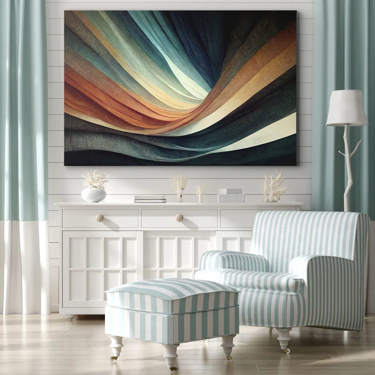 Bild auf Leinwand - Leinwandbild - Abstrakte Wellen in warmen und kühlen Farbtönen - 70x50cm - Aus Farben gewebt - Moderne Wanddekoration für Wohnzimmer und Schlafzimmer ARTTOR