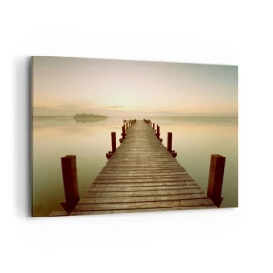Bild auf Leinwand - Leinwandbild - Ein Holzsteg an einem ruhigen See am Morgen - 120x80cm - Tagesanbruch, Morgendämmerung, Licht - Moderne Wanddekoration für Wohnzimmer und Schlafzimmer ARTTOR