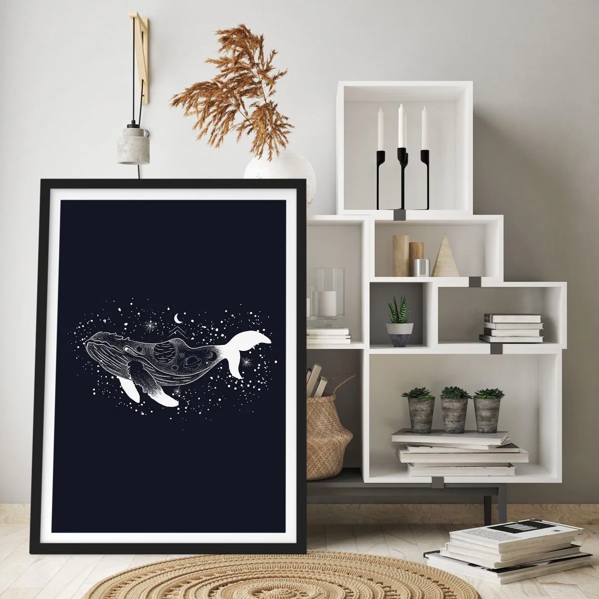 Poster in einem schwarzem Rahmen - Ein Weltraumwal im grafischen Stil auf schwarzem Hintergrund - 50x70cm - Im Ozean des Universums - Moderne Wanddekoration für Wohnzimmer und Schlafzimmer ARTTOR