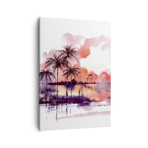 Bild auf Leinwand - Leinwandbild - Tropische Landschaft mit Palmen bei Sonnenuntergang in Aquarell - 50x70cm - Die Ruhe der Tropen in Rot - Moderne Wanddekoration für Wohnzimmer und Schlafzimmer ARTTOR