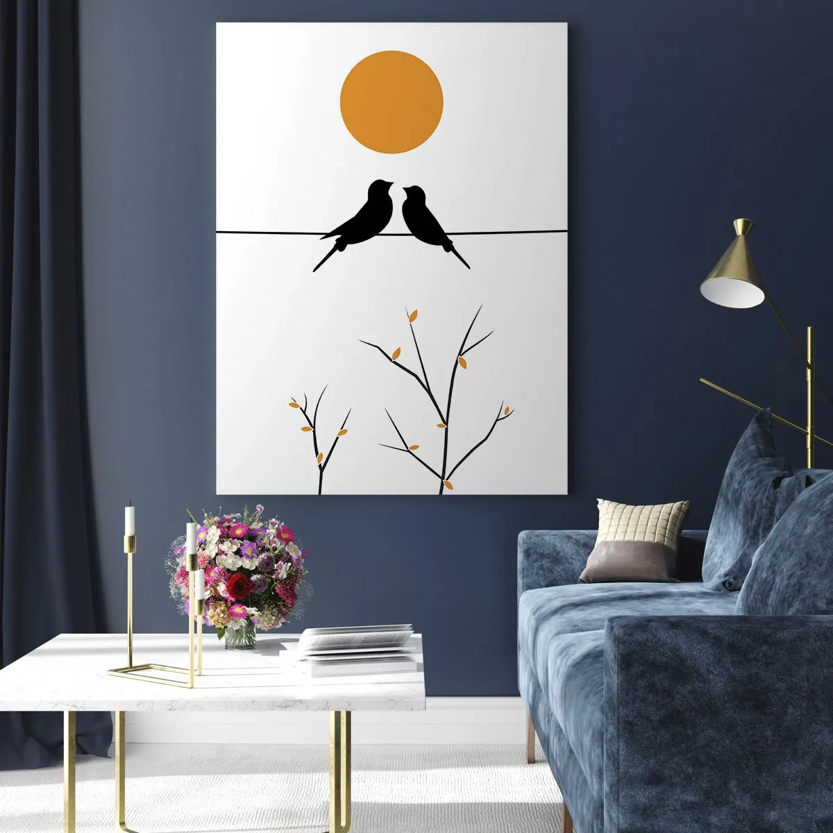 Glasbild - Bild auf glas - Vögel auf einer Linie unter einer orangefarbenen Sonne - 50x70cm - Abend der Nachtigallen - Moderne Wanddekoration für Wohnzimmer und Schlafzimmer ARTTOR