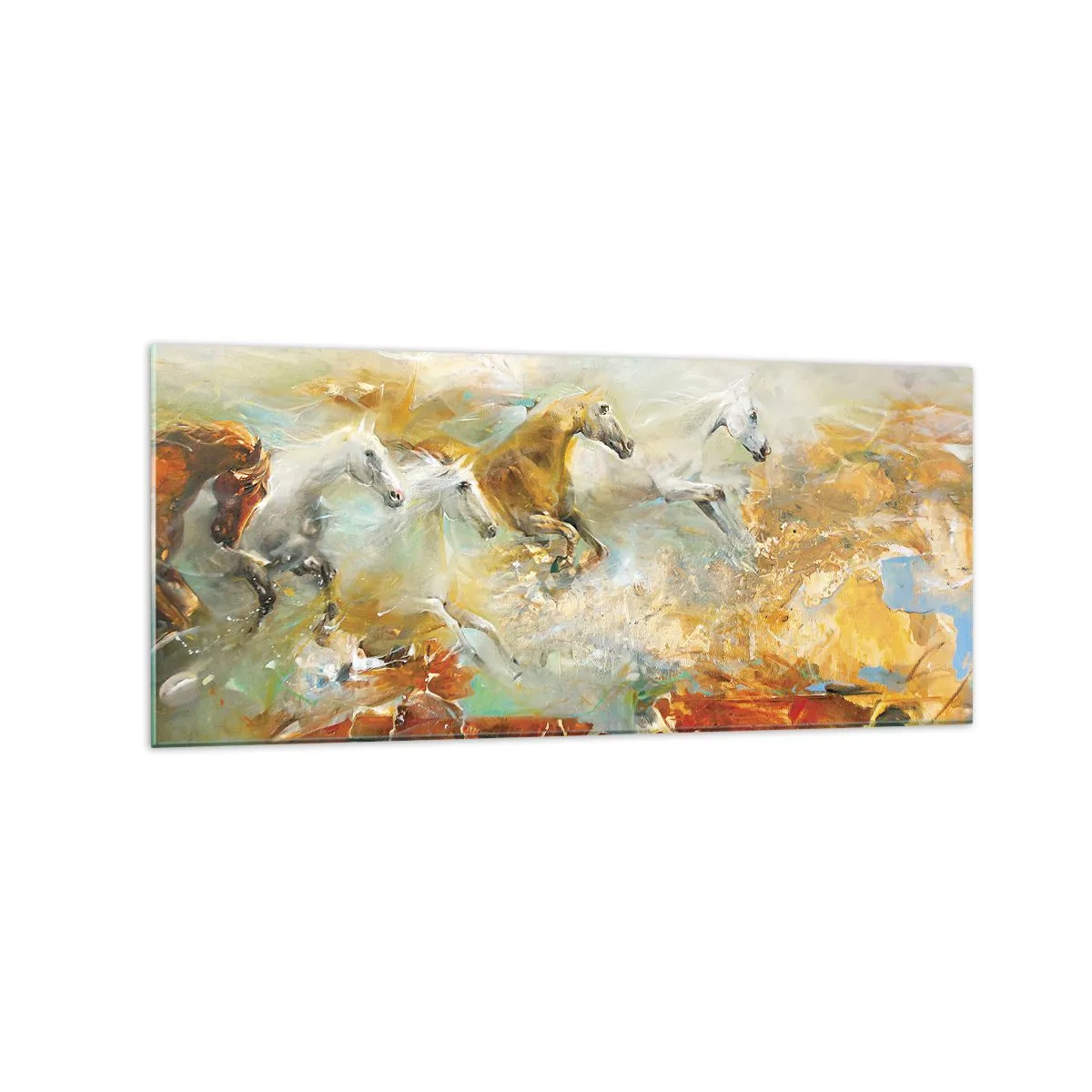 Glasbild - Bild auf glas - Künstlerische Pferde in einer dynamischen, farbenfrohen Umgebung - 120x50cm - Im Galopp durch das Licht - Moderne Wanddekoration für Wohnzimmer und Schlafzimmer ARTTOR