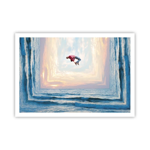 Poster - Surrealer Sprung über das Meer im Rahmen - 100x70cm - In eine andere Dimension - Moderne Wanddekoration für Wohnzimmer und Schlafzimmer ARTTOR