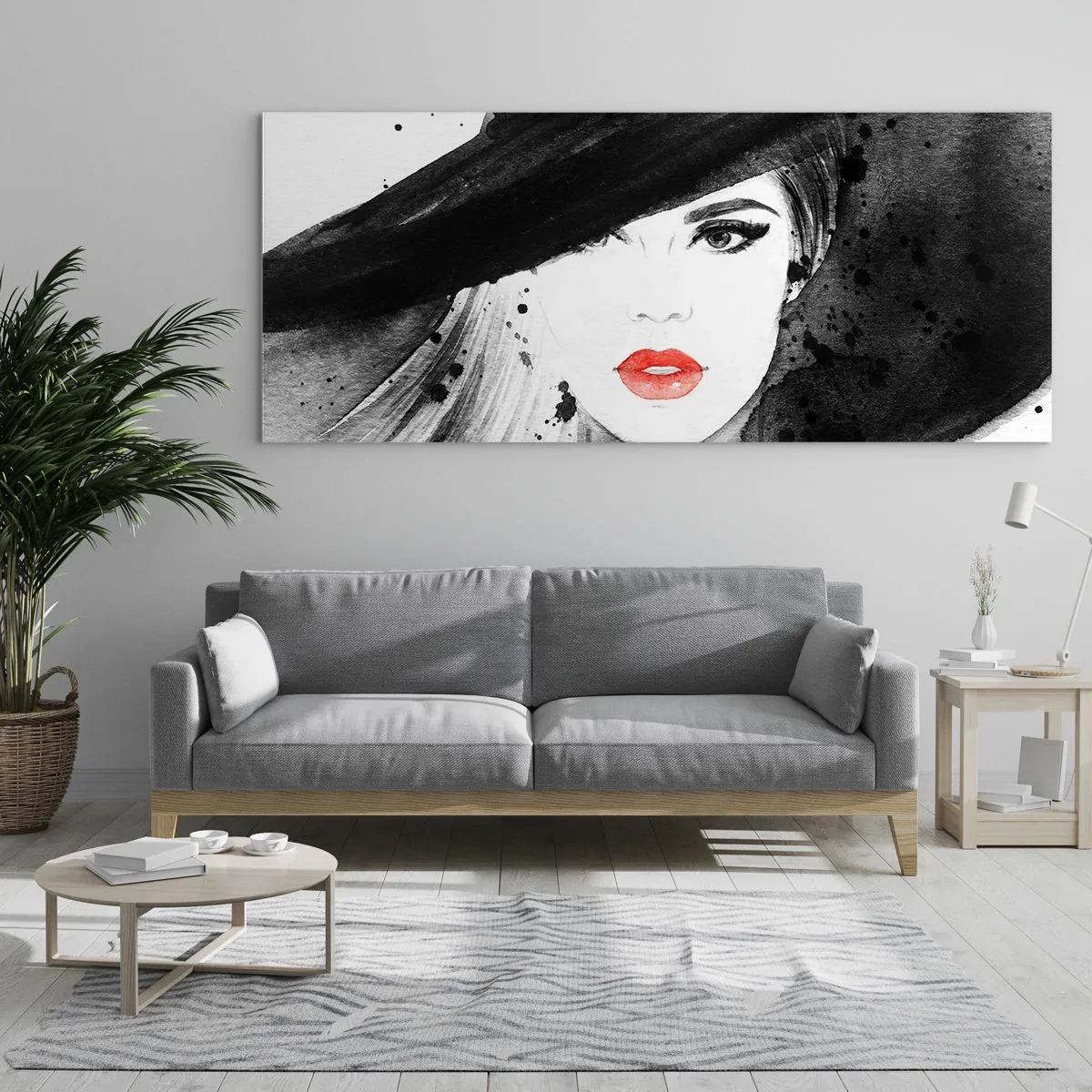 Glasbild - Bild auf glas - Porträt einer Frau mit Hut und roten Lippen - 120x50cm - Frau in schwarz - Moderne Wanddekoration für Wohnzimmer und Schlafzimmer ARTTOR