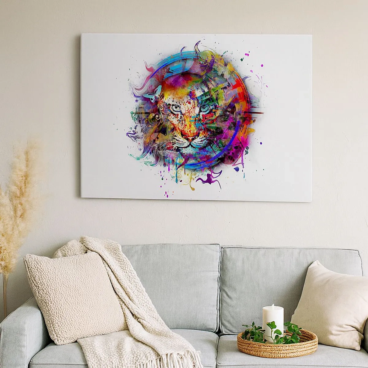 Bild auf Leinwand - Leinwandbild - Farbenfrohes Porträt eines Löwen im abstrakten Stil - 70x50cm - Es lauert hinter einem Regenbogenschleier - Moderne Wanddekoration für Wohnzimmer und Schlafzimmer ARTTOR