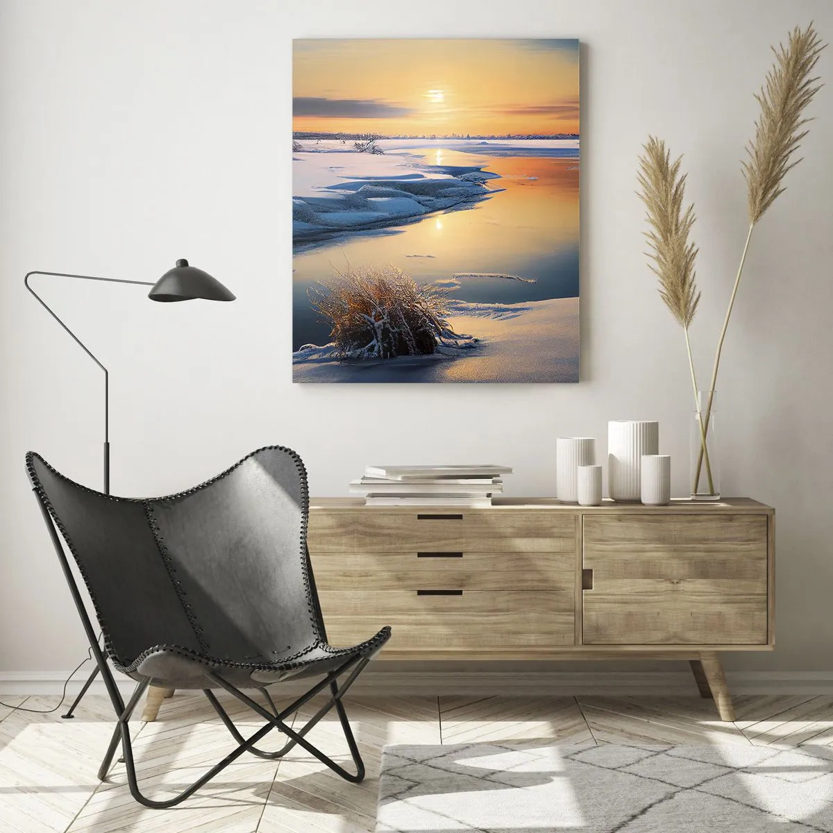 Glasbild - Bild auf glas - Winterlandschaft mit einem Fluss bei Sonnenuntergang - 80x120cm - Wintersonnenuntergang - Moderne Wanddekoration für Wohnzimmer und Schlafzimmer ARTTOR
