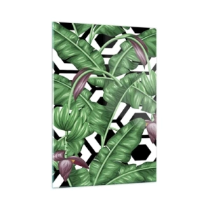 Glasbild - Bild auf glas - Tropische Blätter und Blumen vor einem schwarz-weißen geometrischen Musterhintergrund - 50x70cm - Von Natur aus eine symmetrische Komposition - Moderne Wanddekoration für Wohnzimmer und Schlafzimmer ARTTOR