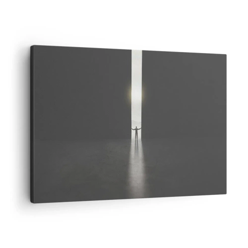 Bild auf Leinwand - Leinwandbild - Ein Mann steht im Licht eines schmalen Schlitzes in einem dunklen Raum - 70x50cm - Ein Schritt in eine strahlende Zukunft - Moderne Wanddekoration für Wohnzimmer und Schlafzimmer ARTTOR