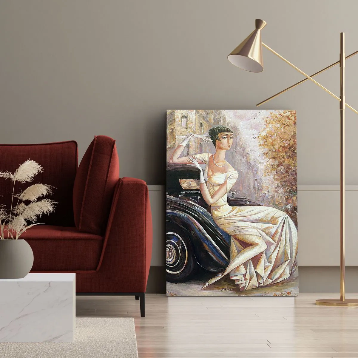 Bild auf Leinwand - Leinwandbild - Retro-Frau neben Oldtimer - 50x70cm - Eleganz im Retro-Stil - Moderne Wanddekoration für Wohnzimmer und Schlafzimmer ARTTOR