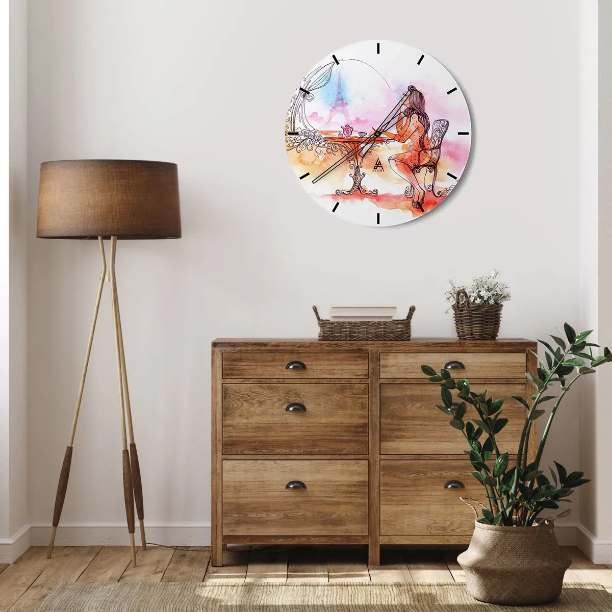 Wanduhr - Glasuhr - Eine Frau an einem Tisch mit Blick auf den Eiffelturm in Pastellfarben - 30x30cm - Pariser Chic - Moderne Wanddekoration für Wohnzimmer, Küche und Schlafzimmer ARTTOR