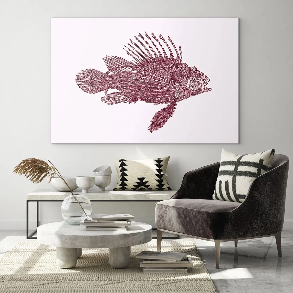 Glasbild - Bild auf glas - Skizze eines exotischen Fisches in Burgunderfarbe auf hellem Hintergrund - 100x70cm - Bewohner exotischer Gewässer - Moderne Wanddekoration für Wohnzimmer und Schlafzimmer ARTTOR