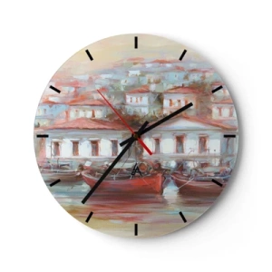 Wanduhr - Glasuhr - Ein malerischer Hafen mit Booten und mediterraner Architektur - 30x30cm - Glückliche Stadt - Moderne Wanddekoration für Wohnzimmer, Küche und Schlafzimmer ARTTOR