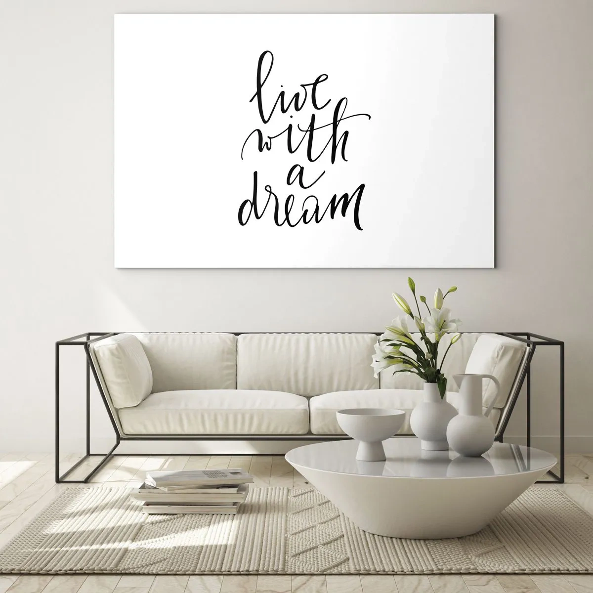 Glasbild - Bild auf glas - Zitat „Lebe mit einem Traum“ in eleganter Kalligrafie - 70x50cm - Na sicher - Moderne Wanddekoration für Wohnzimmer und Schlafzimmer ARTTOR