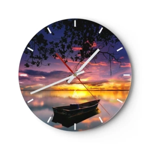 Wanduhr - Glasuhr - Ein Boot auf einem See im Licht der untergehenden Sonne - 30x30cm - Du scheinst mitten am Himmel zu hängen... - Moderne Wanddekoration für Wohnzimmer, Küche und Schlafzimmer ARTTOR