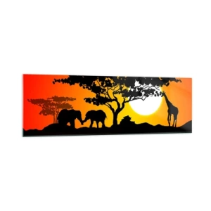 Glasbild - Bild auf glas - Afrikanischer Sonnenuntergang mit Silhouetten von Elefanten und Giraffen über dem Wasser - 160x50cm - Treffen in der Savanne - Moderne Wanddekoration für Wohnzimmer und Schlafzimmer ARTTOR