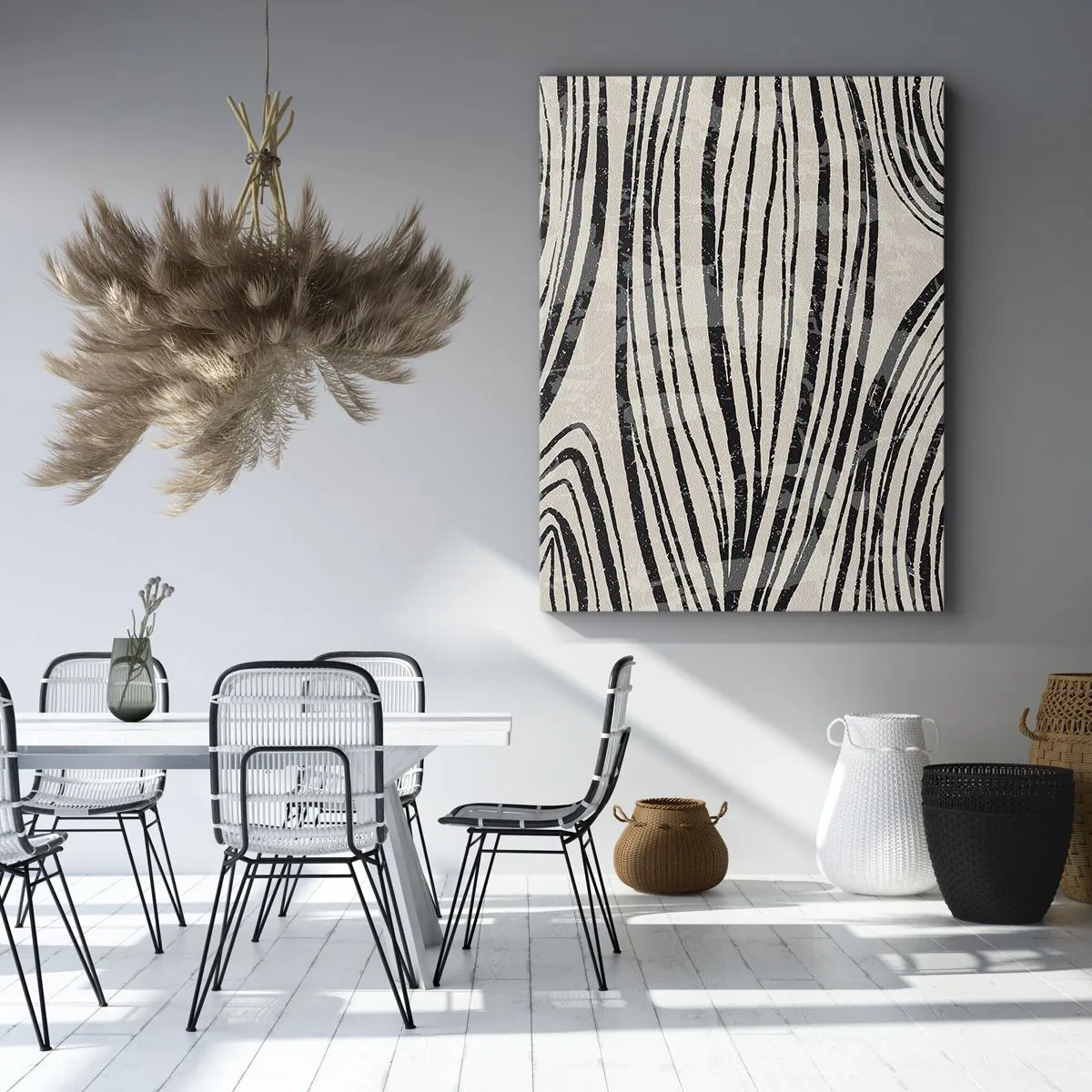 Bild auf Leinwand - Leinwandbild - Abstrakte Wellen in Schwarz-Weiß-Tönen - 50x70cm - Linienpool - Moderne Wanddekoration für Wohnzimmer und Schlafzimmer ARTTOR