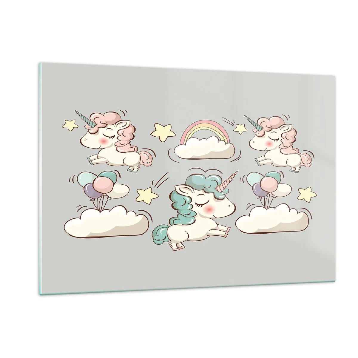 Glasbild - Bild auf glas - Niedliche Einhörner in den Wolken mit einem Regenbogen und Luftballons - 120x80cm - Sicherlich gibt es... - Moderne Wanddekoration für Wohnzimmer und Schlafzimmer ARTTOR