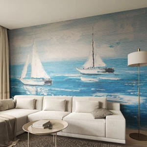 Fototapete Premium Sand - Zwei Segelboote auf einem ruhigen blauen Meer - 100x70cm - Mit Freund an der Seite - Moderne Wanddekoration für Wohnzimmer und Schlafzimmer ARTTOR