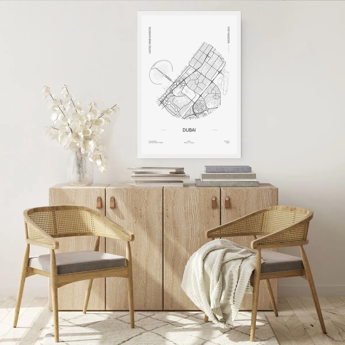 Poster - Minimalistische Schwarz-Weiß-Karte von Dubai - 50x70cm - Anatomie von Dubai - Moderne Wanddekoration für Wohnzimmer und Schlafzimmer ARTTOR