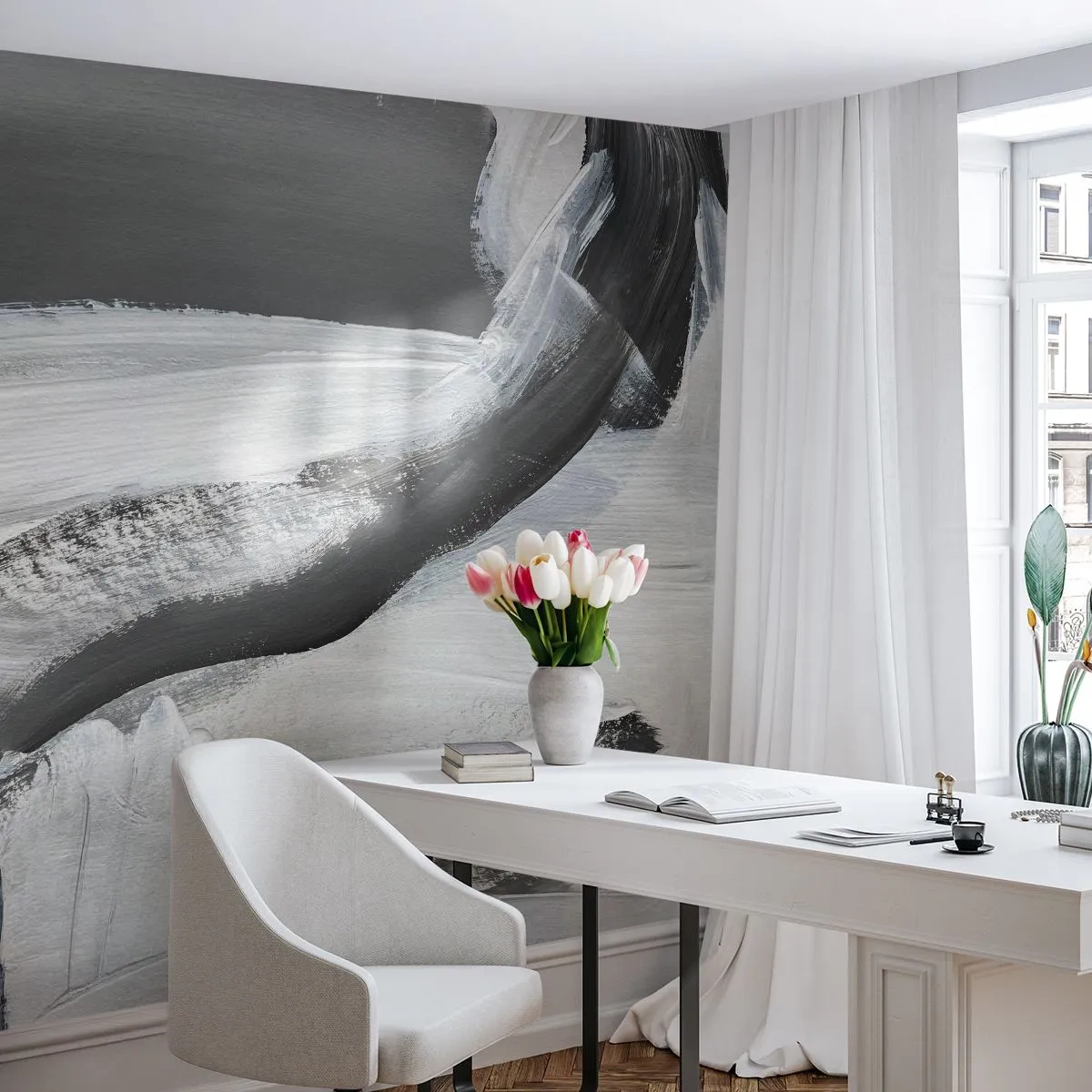 Fototapete Premium Sand - Dynamische Pinselstriche in Grautönen - 100x70cm - Entscheidender Schritt - Moderne Wanddekoration für Wohnzimmer und Schlafzimmer ARTTOR