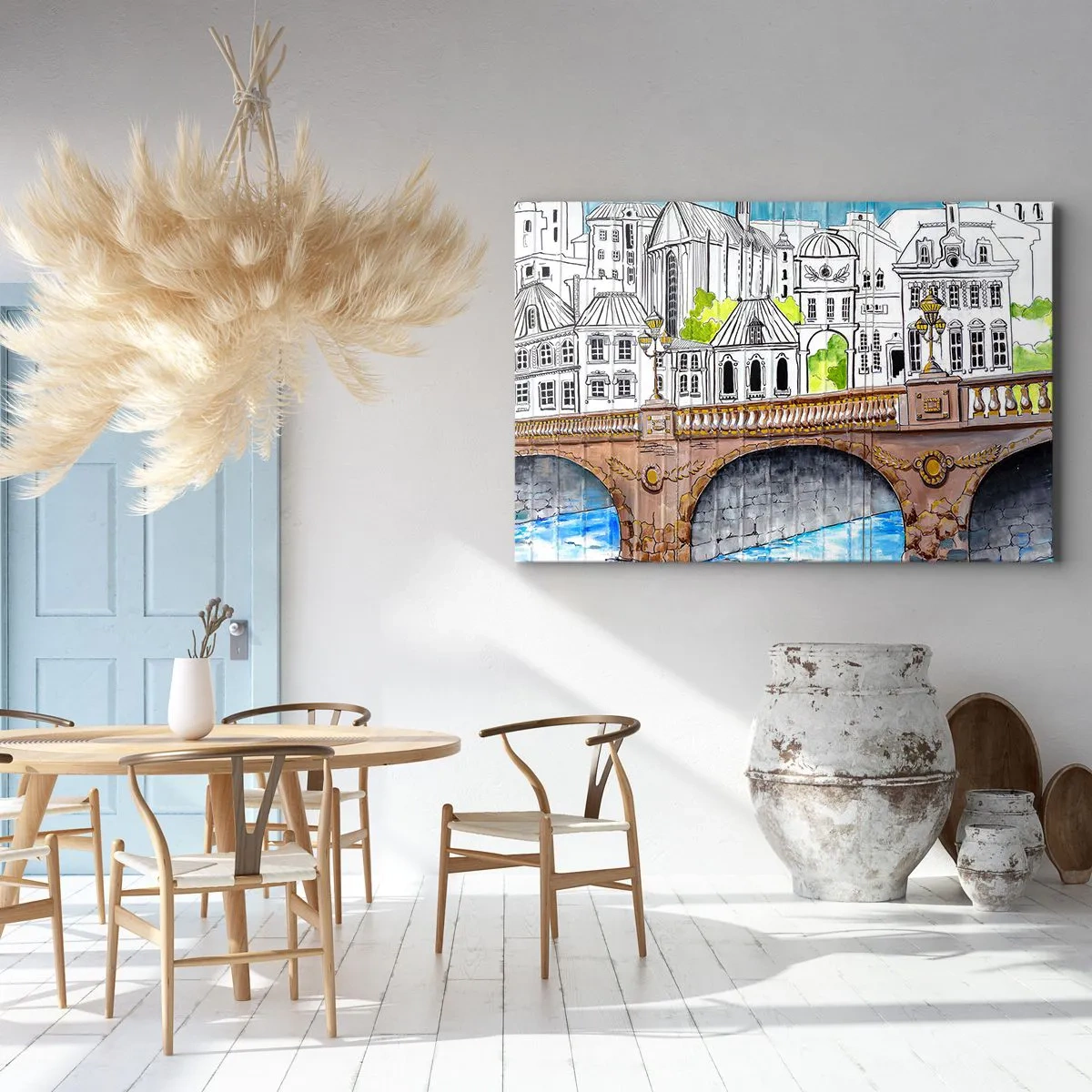 Bild auf Leinwand - Leinwandbild - Zeichnung der Brücke und historische Stadtarchitektur - 70x50cm - Die Stadt ist gemalt - Moderne Wanddekoration für Wohnzimmer und Schlafzimmer ARTTOR