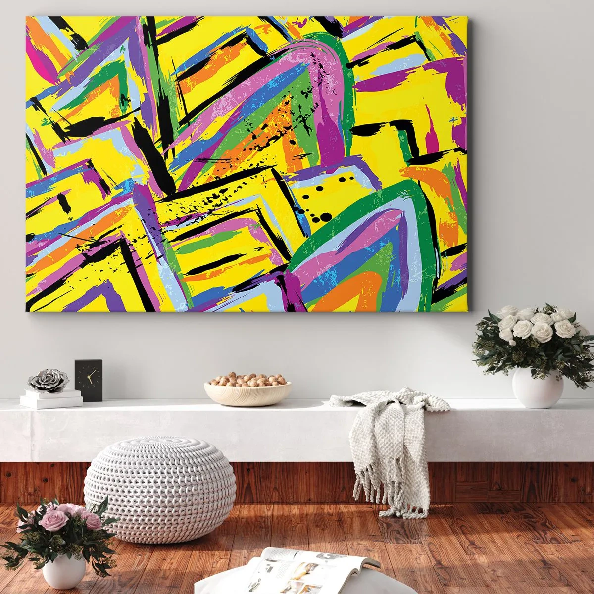 Bild auf Leinwand - Leinwandbild - Lebendige Abstraktion in leuchtenden Farben und dynamischen Formen - 100x70cm - Bis sie vor Freude schreit - Moderne Wanddekoration für Wohnzimmer und Schlafzimmer ARTTOR