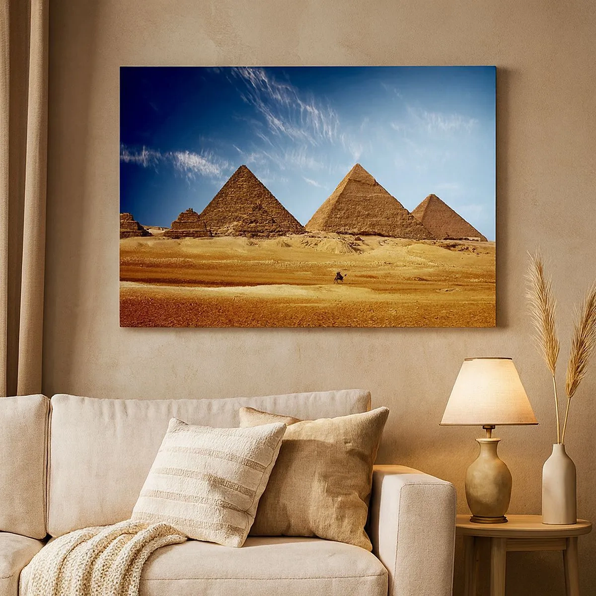 Bild auf Leinwand - Leinwandbild - Die Pyramiden von Gizeh vor blauem Himmel und Wüstenlandschaft - 70x50cm - 40 Jahrhunderte schauen dich an - Moderne Wanddekoration für Wohnzimmer und Schlafzimmer ARTTOR