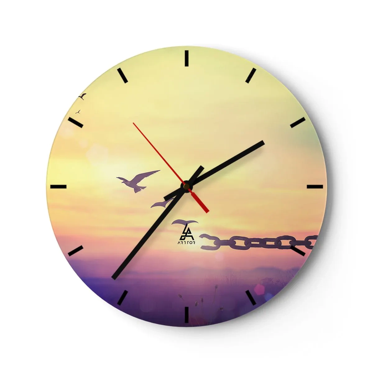 Wanduhr - Glasuhr - Vögel im Hintergrund eines Sonnenuntergangs mit einer gebrochenen Kette - 30x30cm - Der Sieg der Freiheit - Moderne Wanddekoration für Wohnzimmer, Küche und Schlafzimmer ARTTOR