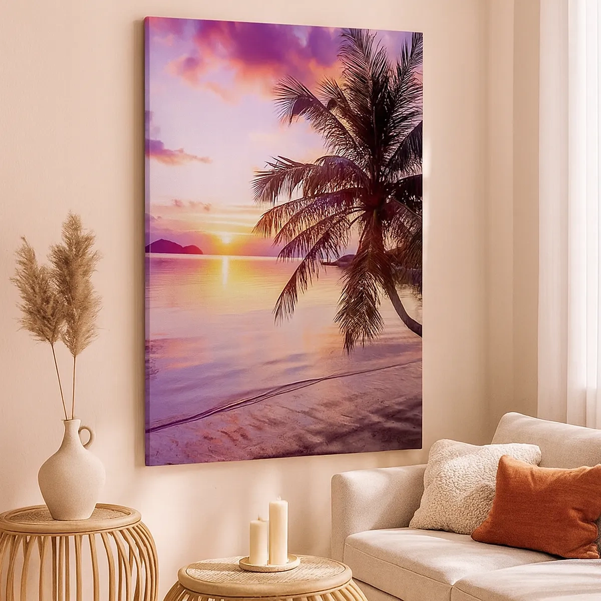 Bild auf Leinwand - Leinwandbild - Tropischer Strand mit Palmen bei Sonnenuntergang - 50x70cm - Behaglichkeit bis zum Horizont - Moderne Wanddekoration für Wohnzimmer und Schlafzimmer ARTTOR
