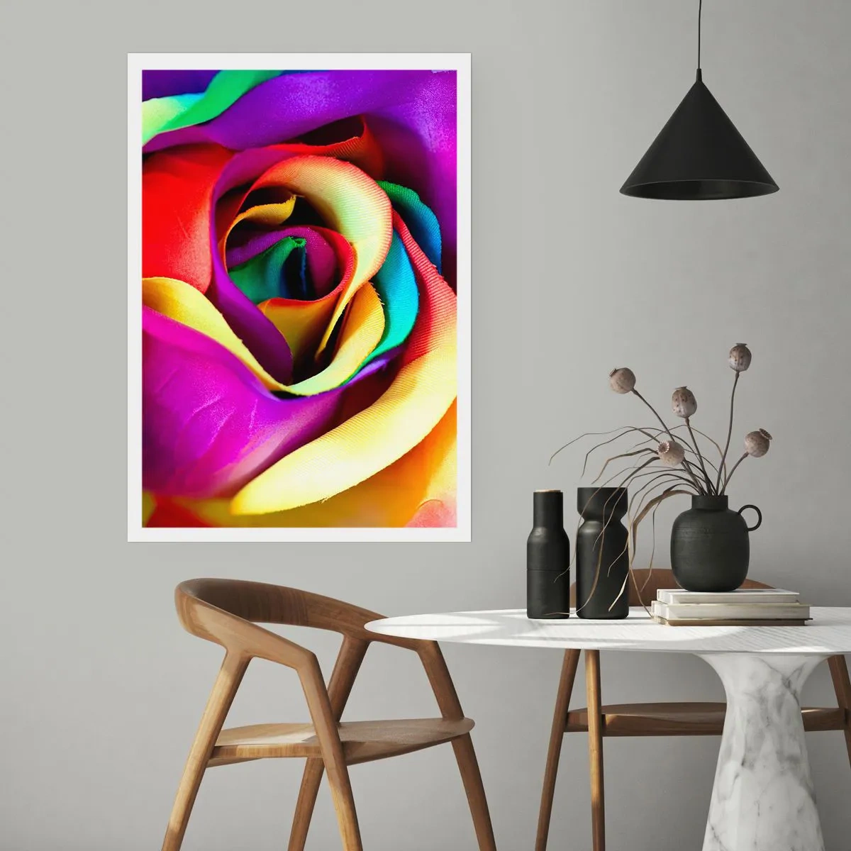 Poster - Eine Nahaufnahme einer bunten Rose mit Regenbogenblütenblättern - 50x70cm - Es ist unmöglich - Moderne Wanddekoration für Wohnzimmer und Schlafzimmer ARTTOR