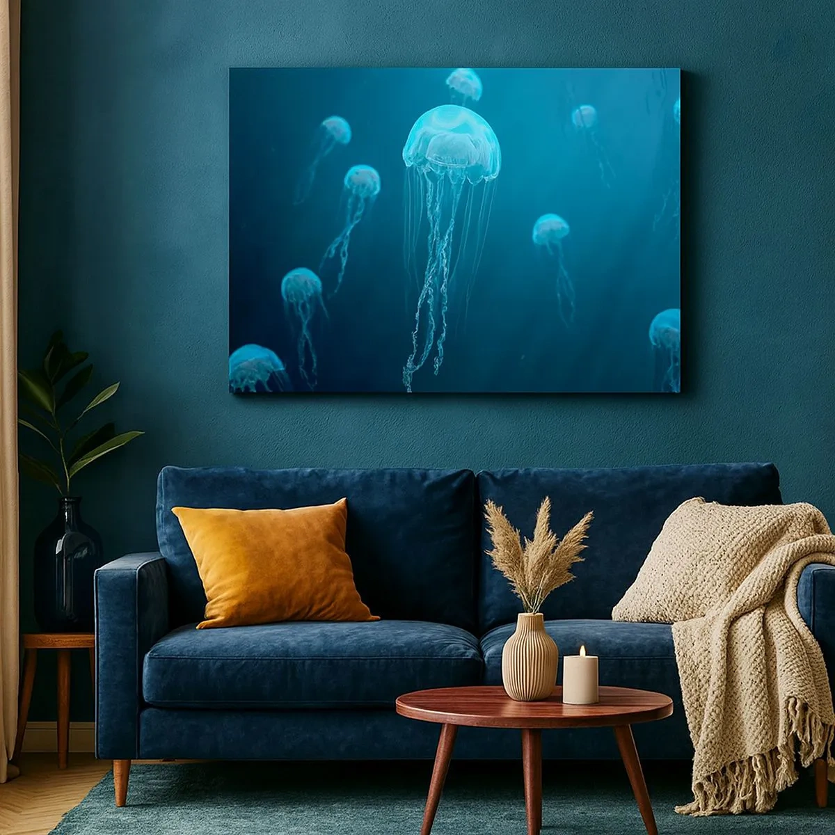 Bild auf Leinwand - Leinwandbild - Quallen schwimmen in den Tiefen des Ozeans in Blautönen - 70x50cm - Ozeantanz - Moderne Wanddekoration für Wohnzimmer und Schlafzimmer ARTTOR