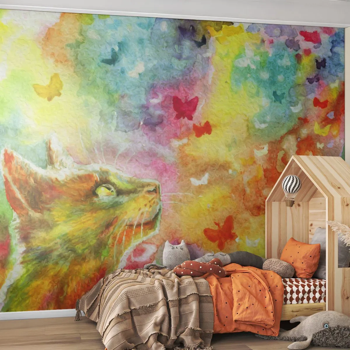 Selbstklebende Fototapete Deluxe Sticker - Baju-baju im Katzenparadies - Tiere, Katze, Schmetterling - 350x256 cm