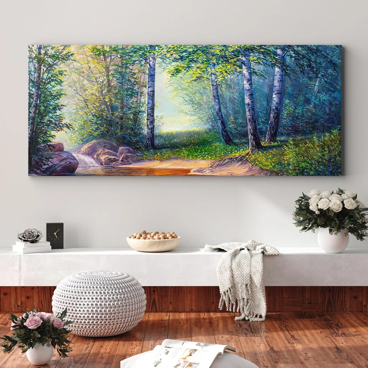 Bild auf Leinwand - Leinwandbild - Ein Waldbach, umgeben von Birken und Sonnenschein - 160x50cm - Idyllische Landschaft - Moderne Wanddekoration für Wohnzimmer und Schlafzimmer ARTTOR