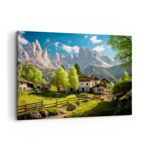 Bild auf Leinwand - Leinwandbild - Ein Bergdorf mit Häusern und Blick auf die Alpen - 120x80cm - Alpenidylle - Moderne Wanddekoration für Wohnzimmer und Schlafzimmer ARTTOR