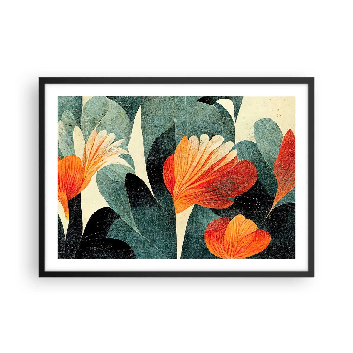 Poster in einem schwarzem Rahmen - Blüten in intensiven Orange- und Grüntönen - 70x50cm - Hitze der Tropen und Kühle des Grüns - Moderne Wanddekoration für Wohnzimmer und Schlafzimmer ARTTOR