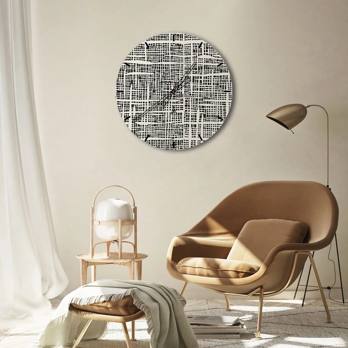 Wanduhr - Glasuhr - Geometrisches, schwarz-cremefarbenes Muster mit unregelmäßigen Punkten - 30x30cm - Gewebte Komposition - Moderne Wanddekoration für Wohnzimmer, Küche und Schlafzimmer ARTTOR