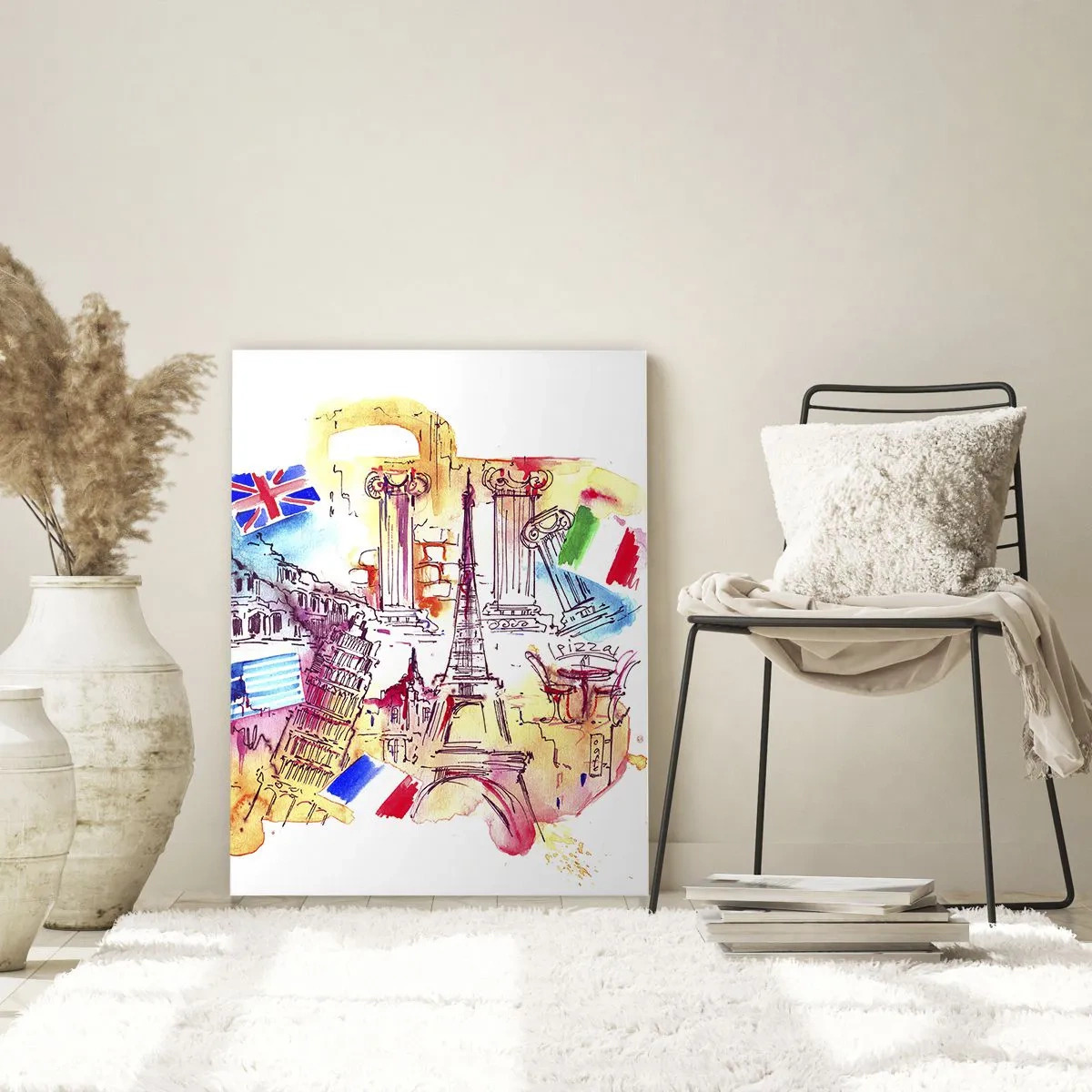 Glasbild - Bild auf glas - Aquarell europäischer Symbole mit Länderflaggen - 80x120cm - Europa Tour - Moderne Wanddekoration für Wohnzimmer und Schlafzimmer ARTTOR