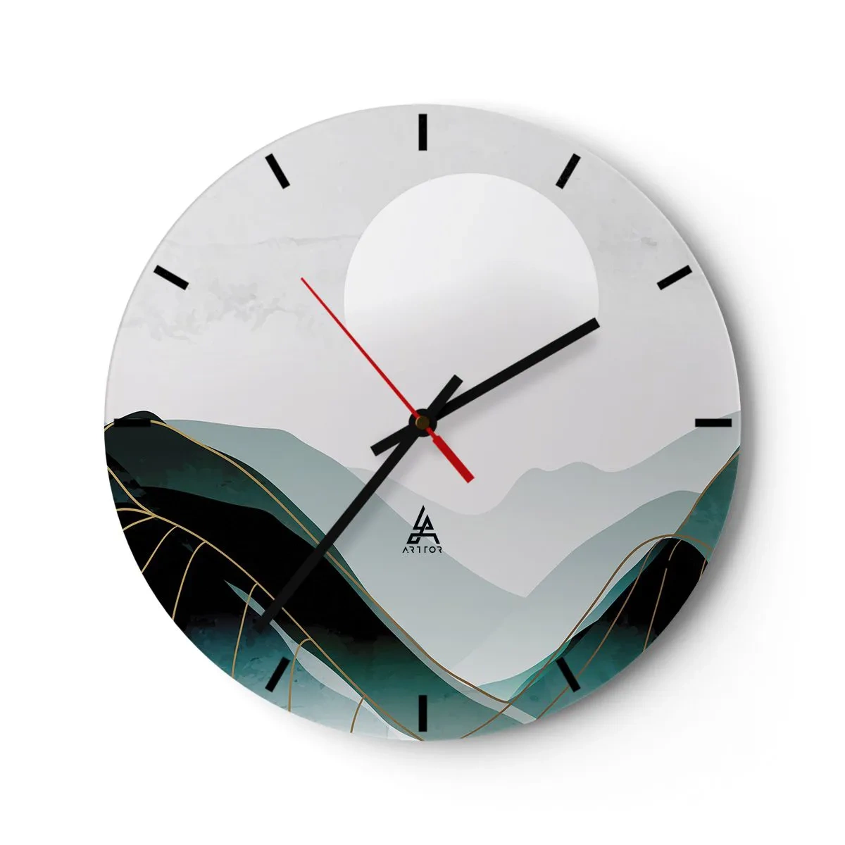 Wanduhr - Glasuhr - Eine minimalistische Berglandschaft mit einem großen Mond - 30x30cm - In voller Majestät - Moderne Wanddekoration für Wohnzimmer, Küche und Schlafzimmer ARTTOR