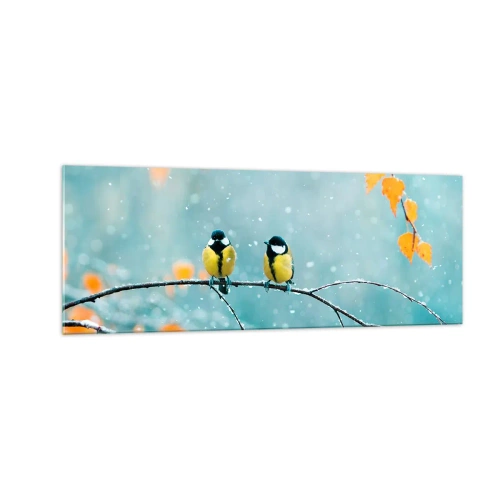 Glasbild - Bild auf glas - Zwei Vögel auf einem Ast in einer Winterlandschaft mit gelben Blättern. - 140x50cm - Vogelklatsch - Moderne Wanddekoration für Wohnzimmer und Schlafzimmer ARTTOR