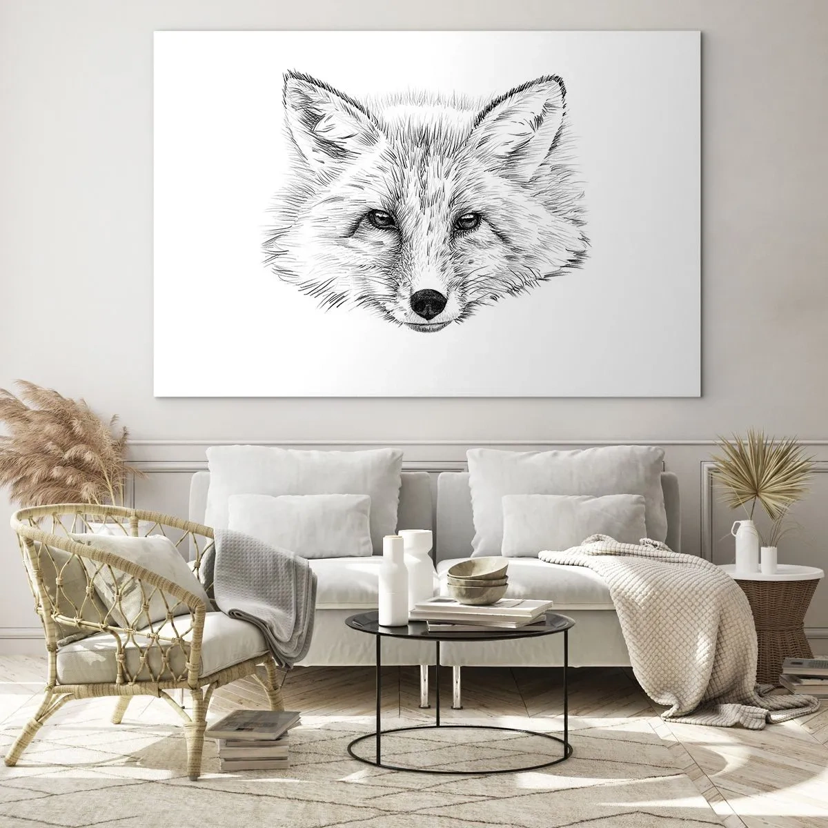 Glasbild - Bild auf glas - Zeichnung eines Fuchskopfes auf weißem Hintergrund - 100x70cm - Können diese Augen lügen? - Moderne Wanddekoration für Wohnzimmer und Schlafzimmer ARTTOR