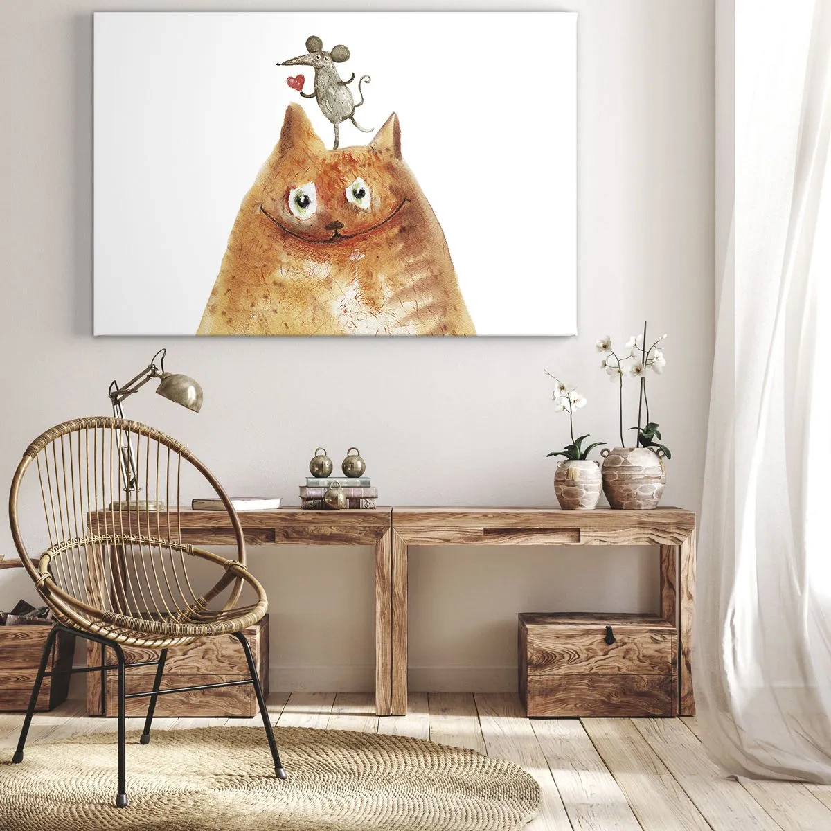 Bild auf Leinwand - Leinwandbild - Eine Zeichnung einer Katze mit einer Maus auf dem Kopf, die ein Herz hält - 70x50cm - Paradoxien der Liebe - Moderne Wanddekoration für Wohnzimmer und Schlafzimmer ARTTOR