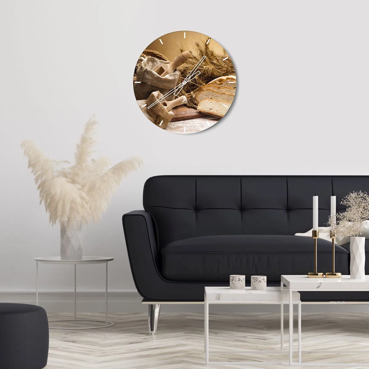 Wanduhr - Glasuhr - Ein Sack Mehl, Brot und Ähren im rustikalen Stil - 30x30cm - Wie mit einem Messer geschnitten - Moderne Wanddekoration für Wohnzimmer, Küche und Schlafzimmer ARTTOR